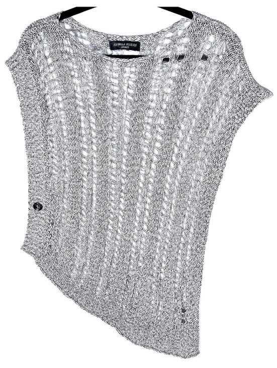 Sweaters - Bella Blue Select Open Knit Asymmetrical Diagonal Hem Top Blue Grey Coastal Tank